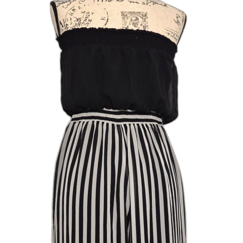 Double Zero Tube Top Pant Jumpsuit M Black White Striped Wide Leg Tie Waist - Picture 5 of 10